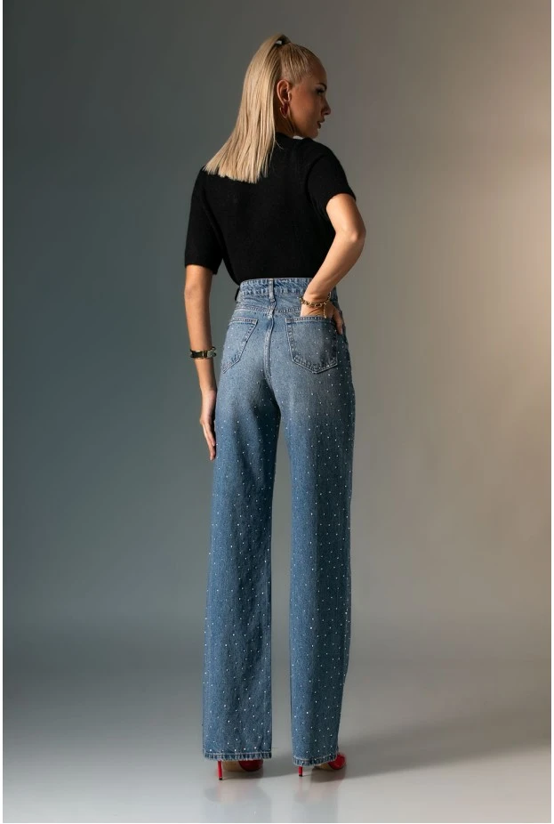 Jean straight leg με στρας μπλε