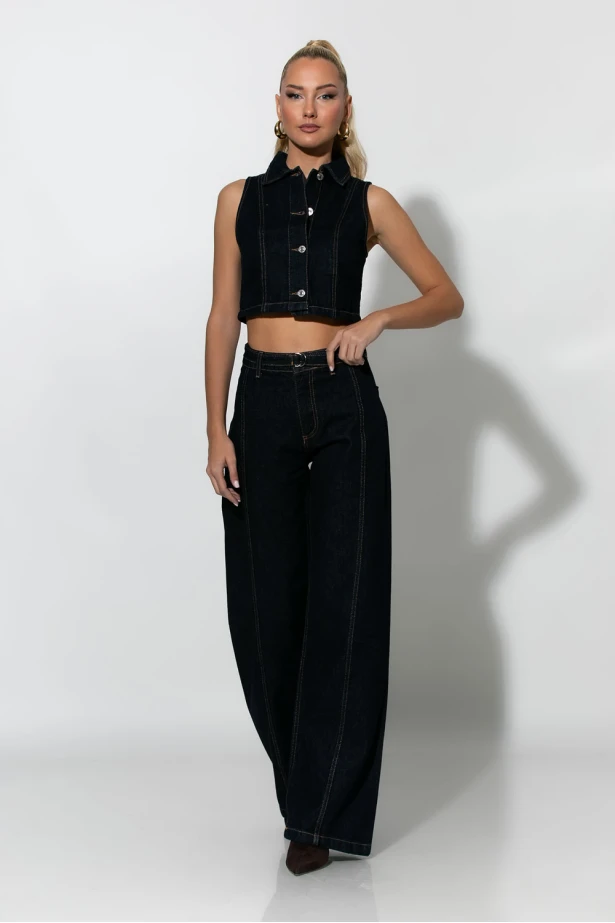 Jean wide leg με ζωνάκι μπλε ντένιμ