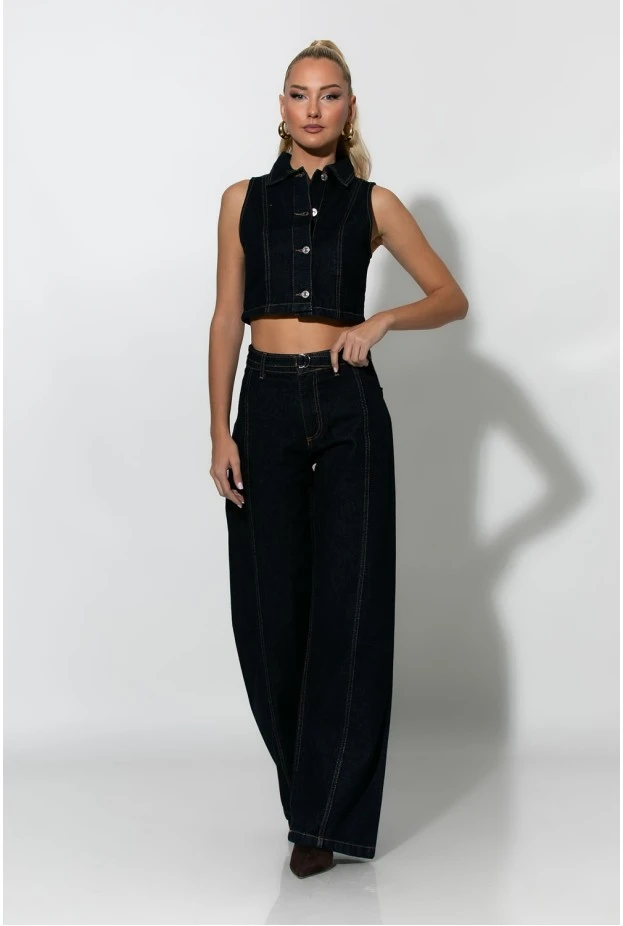 Jean wide leg με ζωνάκι μπλε ντένιμ