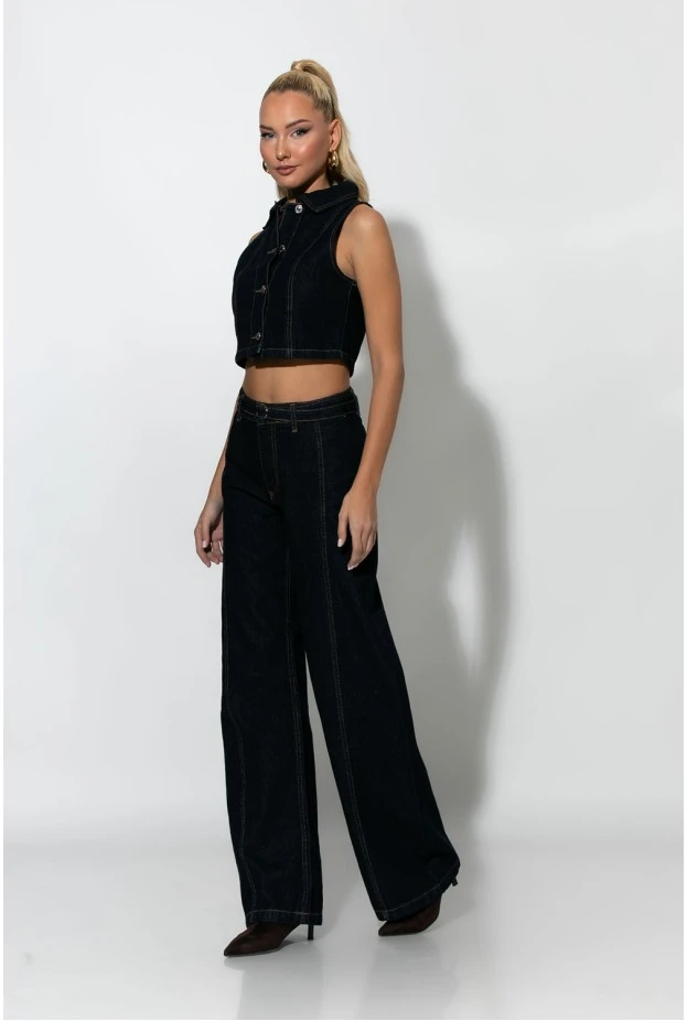 Jean wide leg με ζωνάκι μπλε ντένιμ