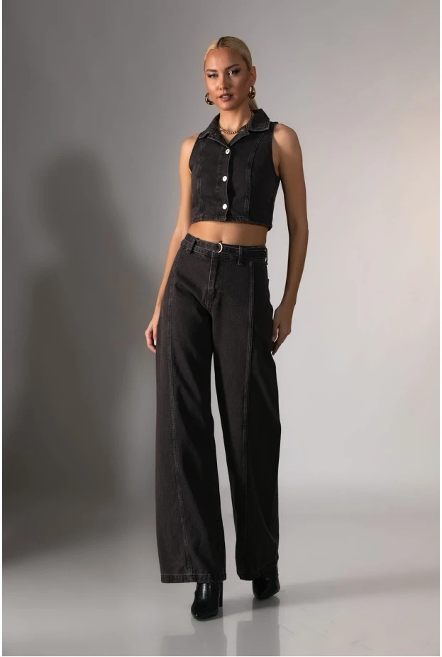 Jean wide leg με ζωνάκι καφέ