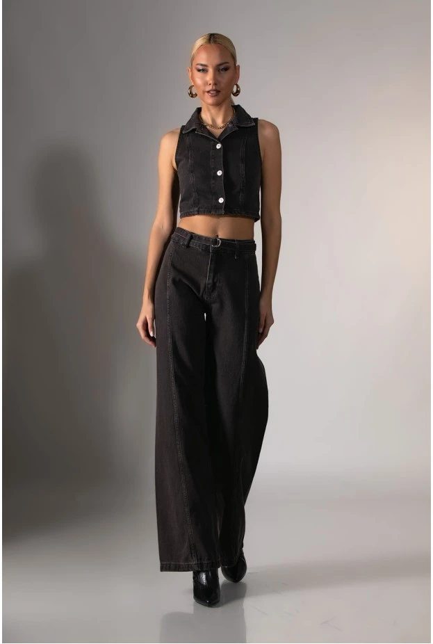 Jean wide leg με ζωνάκι καφέ