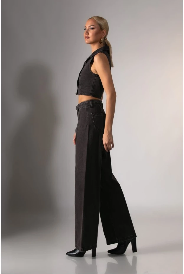 Jean wide leg με ζωνάκι καφέ