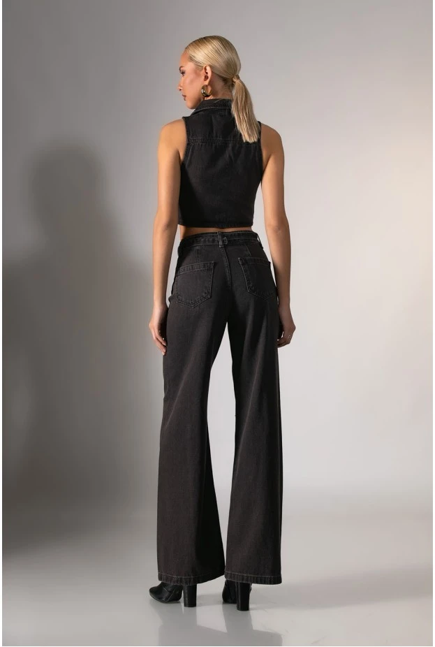 Jean wide leg με ζωνάκι καφέ