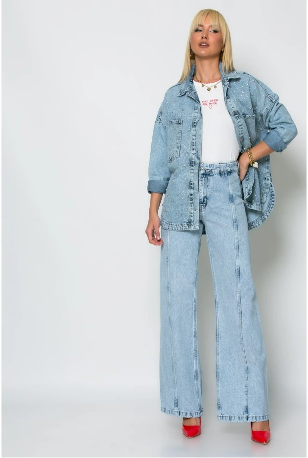Jean wide leg με ζωνάκι μπλε ανοιχτό