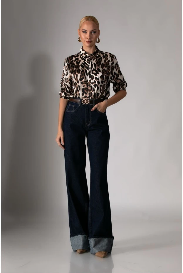 Jean wide leg με μάξι ρεβέρ μπλε ντένιμ