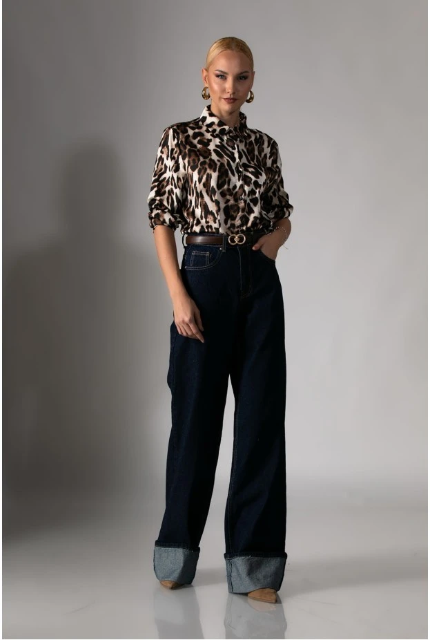 Jean wide leg με μάξι ρεβέρ μπλε ντένιμ