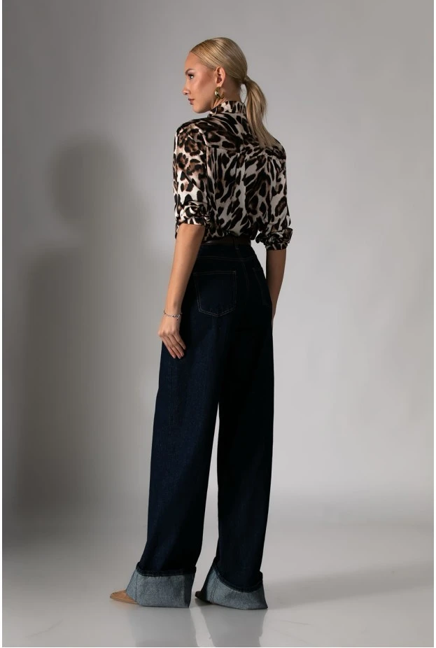 Jean wide leg με μάξι ρεβέρ μπλε ντένιμ