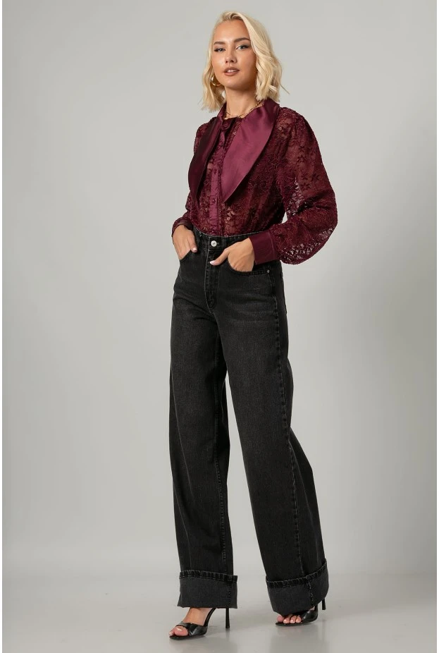 Jean wide leg με μάξι ρεβέρ μαύρο