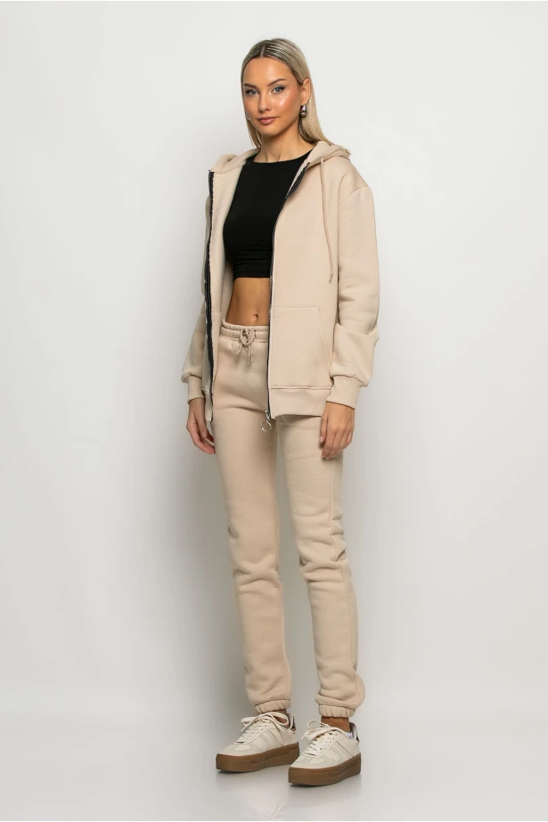 Σετ παντελόνι και ζακέτα φούτερ με κουκούλα μπεζ