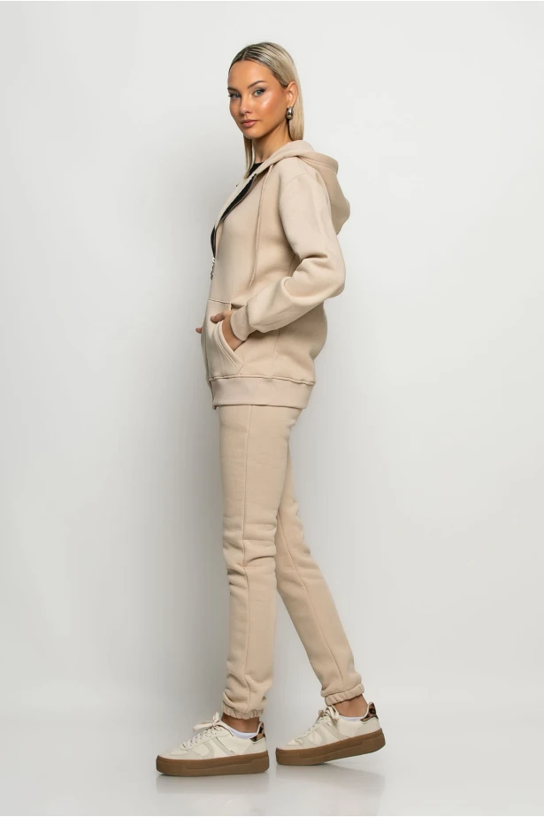 Σετ παντελόνι και ζακέτα φούτερ με κουκούλα μπεζ