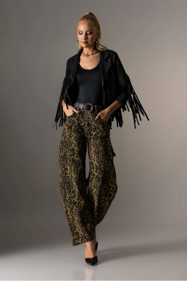 Jean baggy leopard print χακί Jean baggy leopard print χακί