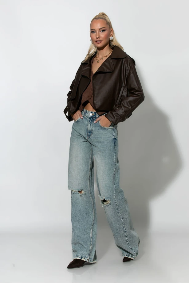 Jean wide leg με φθορές μπλε 
