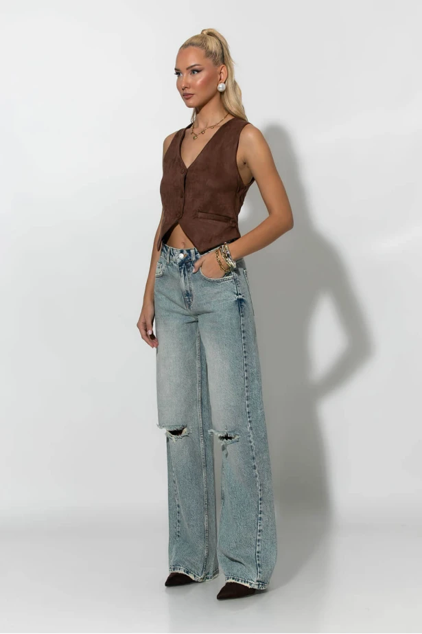 Jean wide leg με φθορές μπλε 