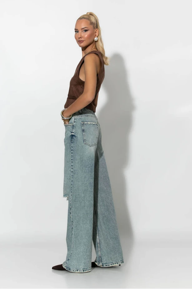 Jean wide leg με φθορές μπλε 