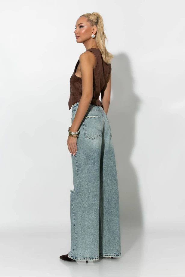 Jean wide leg με φθορές μπλε 