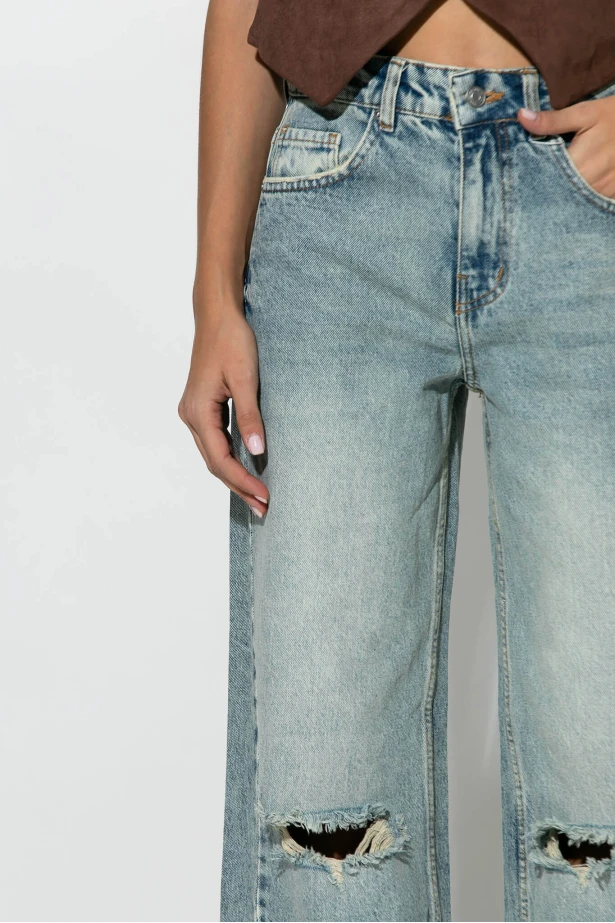 Jean wide leg με φθορές μπλε 