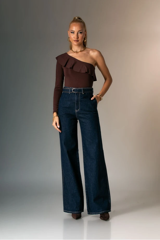 Jean wide leg με ζωνάκι μπλε ντένιμ 