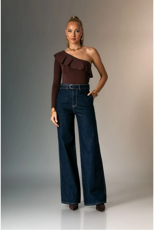 Jean wide leg με ζωνάκι μπλε ντένιμ 