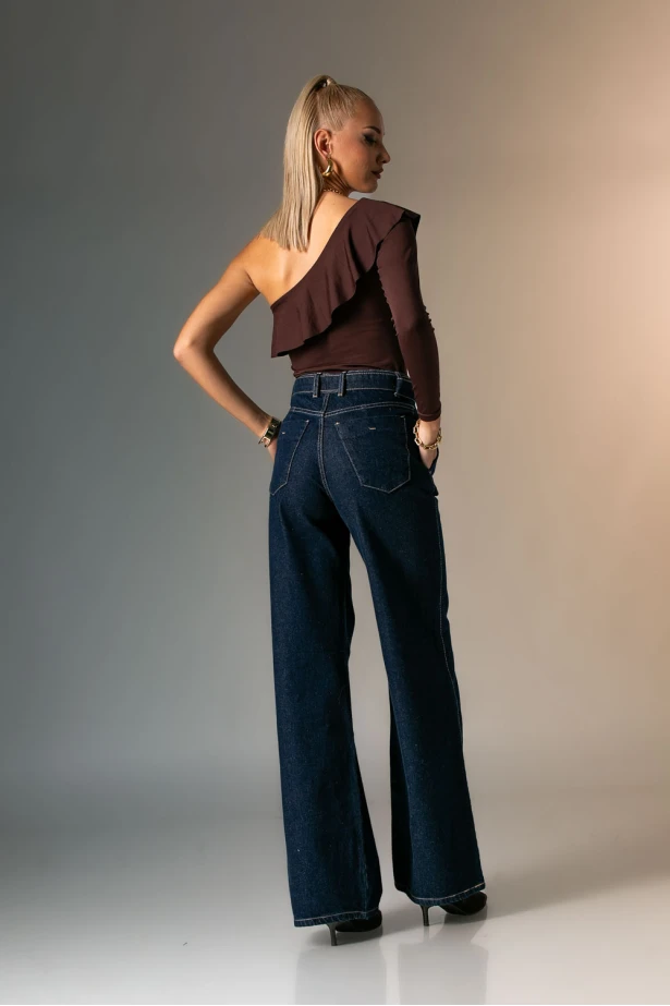 Jean wide leg με ζωνάκι μπλε ντένιμ 