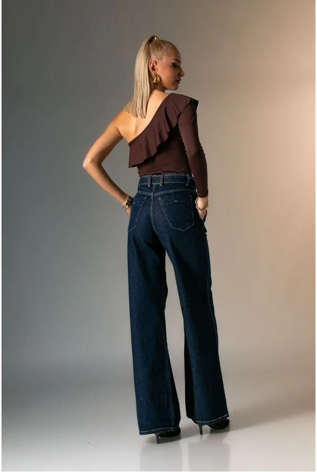 Jean wide leg με ζωνάκι μπλε ντένιμ 