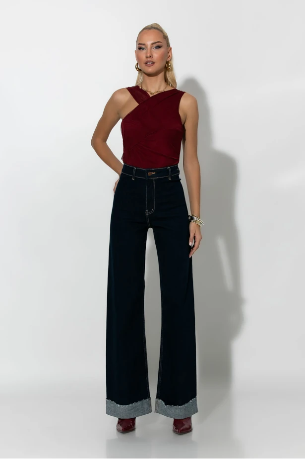 Jean wide leg με ρεβέρ μπλε ντενιμ 