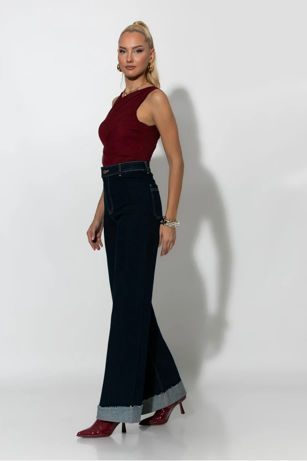 Jean wide leg με ρεβέρ μπλε ντενιμ 