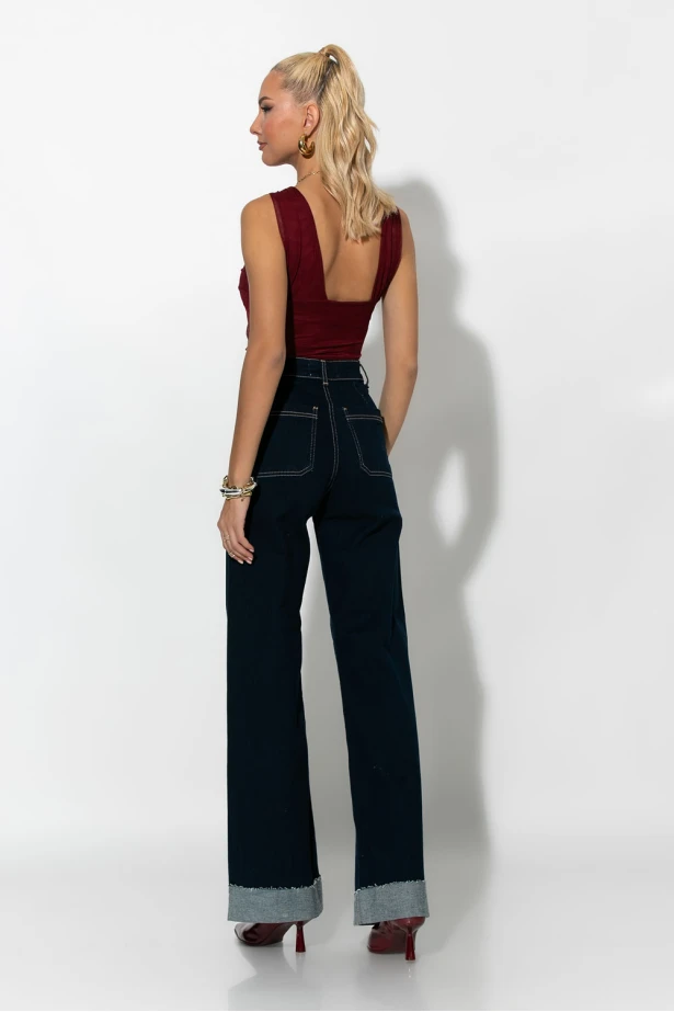 Jean wide leg με ρεβέρ μπλε ντενιμ 