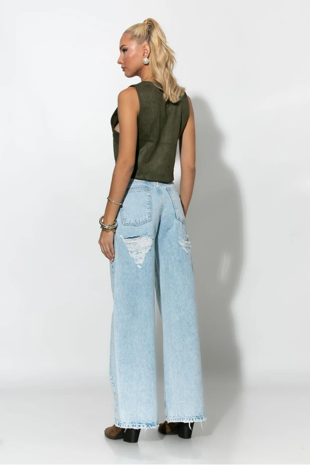 Jean wide leg με φθορές πίσω μπλε ανοιχτό