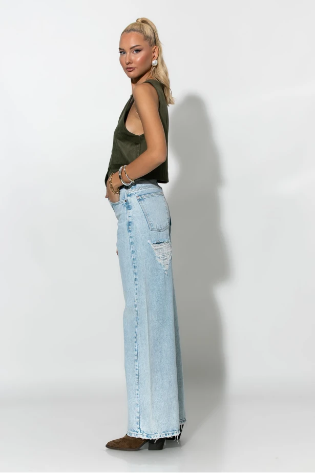 Jean wide leg με φθορές πίσω μπλε ανοιχτό