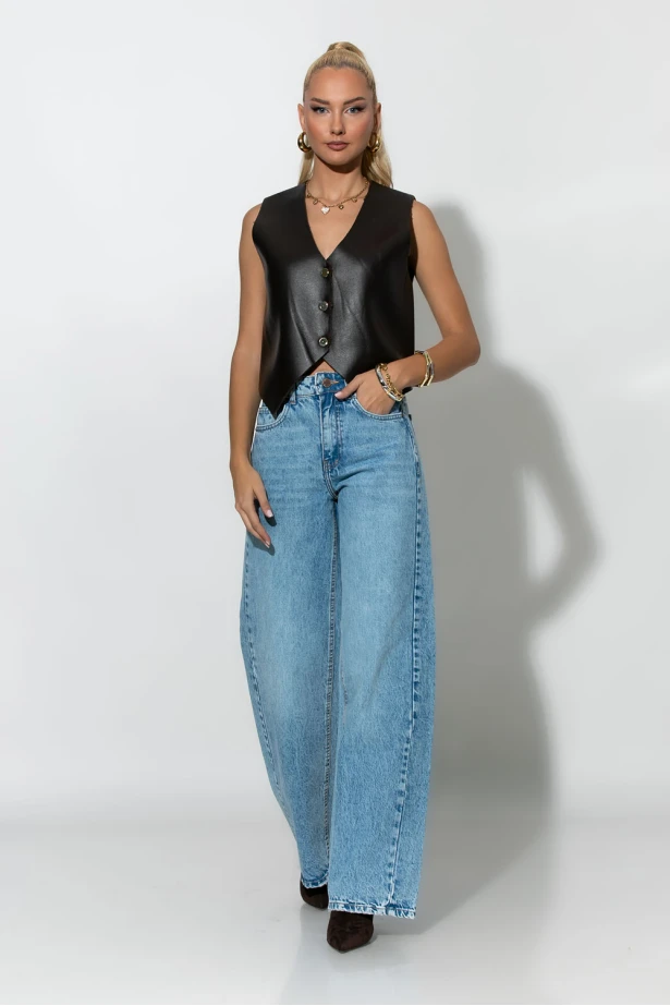 Jean wide leg με φθορές πίσω μπλε σκούρο