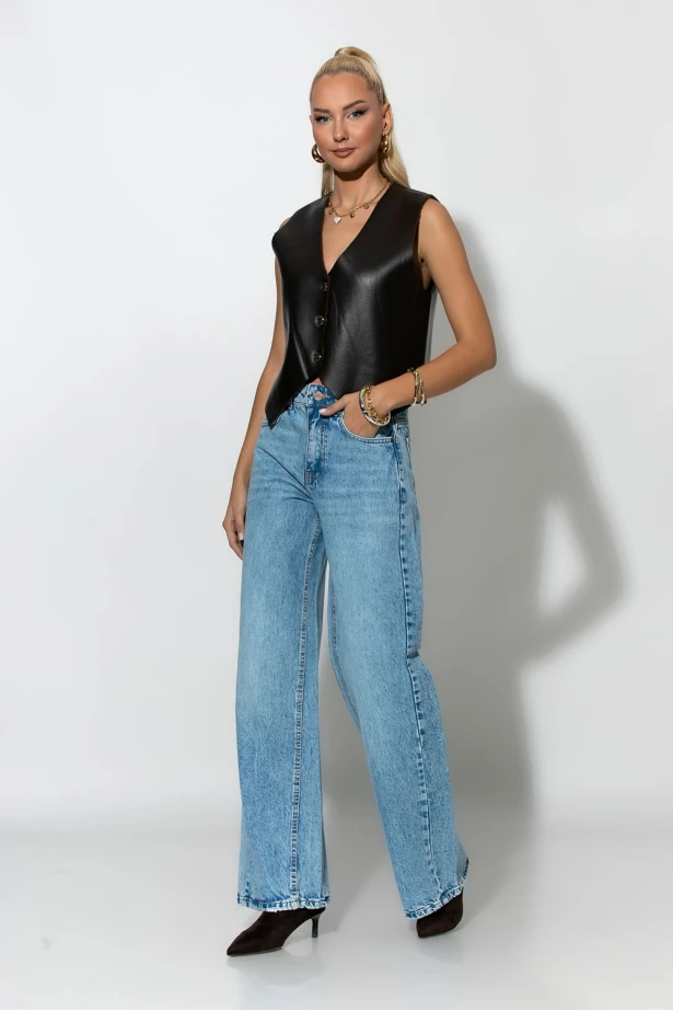 Jean wide leg με φθορές πίσω μπλε σκούρο