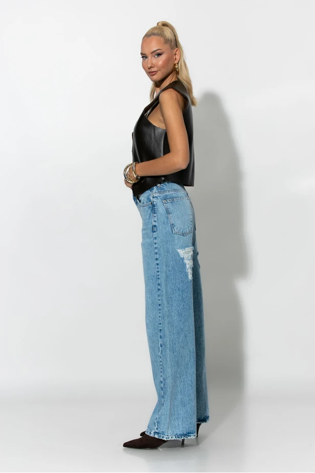 Jean wide leg με φθορές πίσω μπλε σκούρο