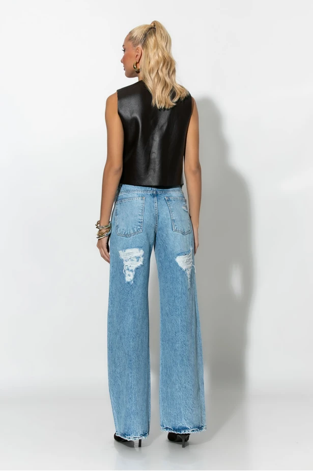 Jean wide leg με φθορές πίσω μπλε σκούρο