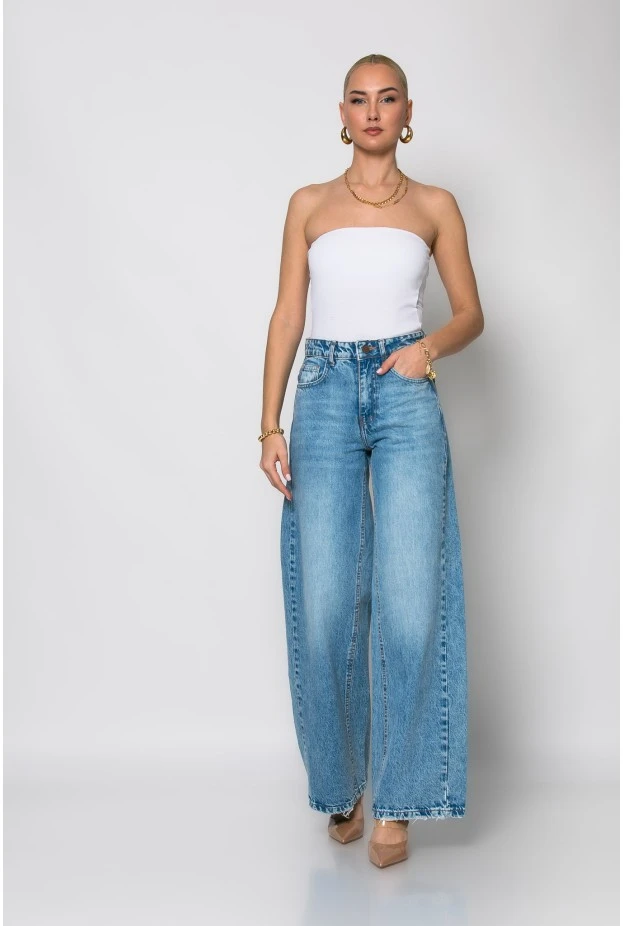 Jean wide leg με φθορές πίσω μπλε σκούρο