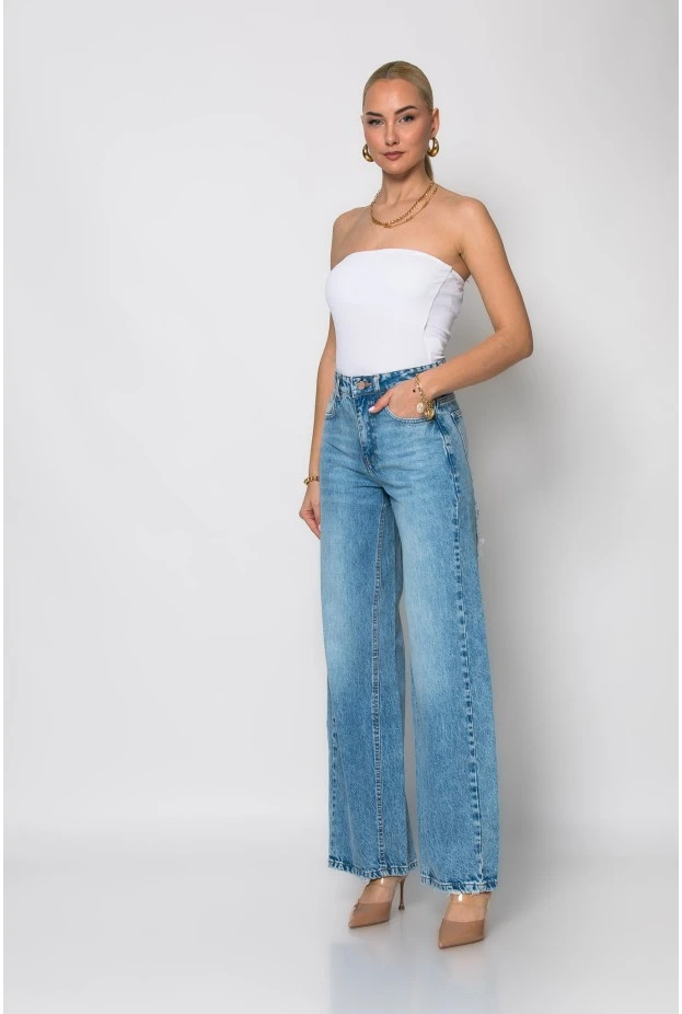Jean wide leg με φθορές πίσω μπλε σκούρο