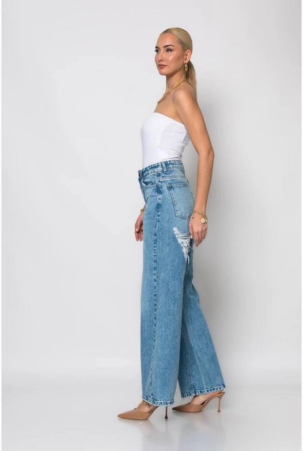 Jean wide leg με φθορές πίσω μπλε σκούρο