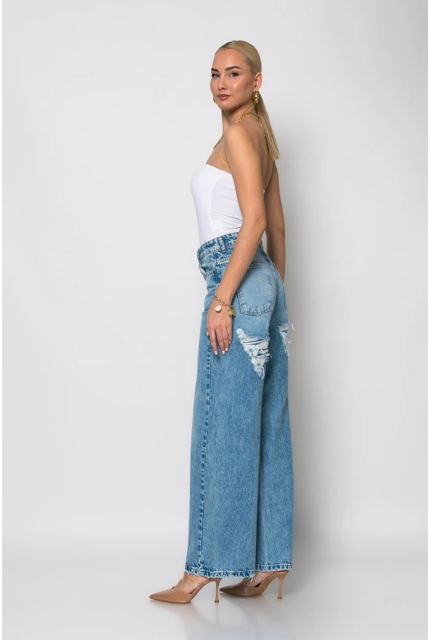 Jean wide leg με φθορές πίσω μπλε σκούρο