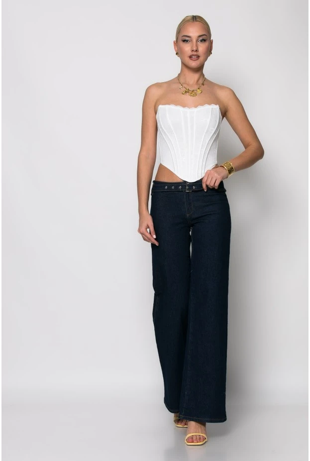 Jean flared fit low rise με ζωνάκι μπλε ντενιμ