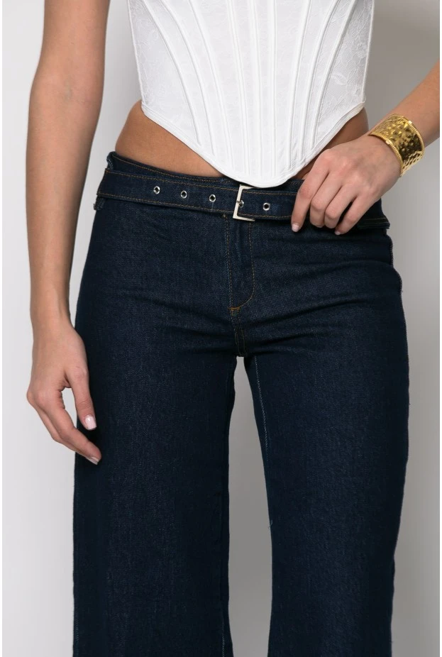 Jean flared fit low rise με ζωνάκι μπλε ντενιμ