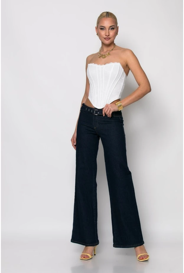 Jean flared fit low rise με ζωνάκι μπλε ντενιμ