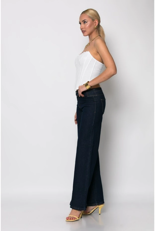 Jean flared fit low rise με ζωνάκι μπλε ντενιμ