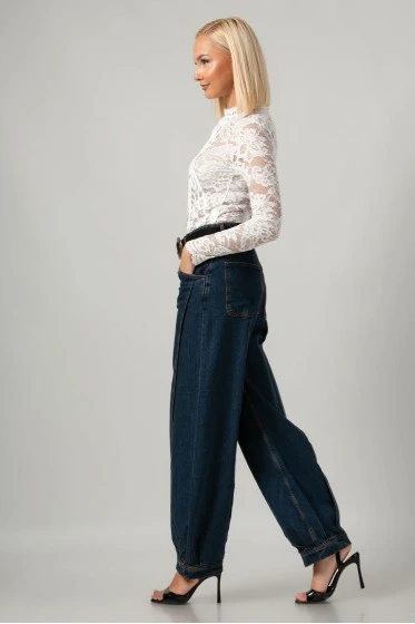 Jean balloon fit με ραφές μπλε σκούρο