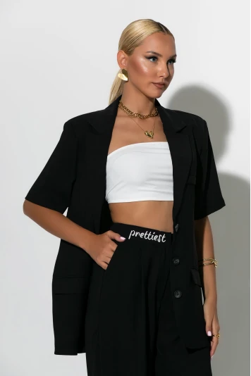 Σετ παντελόνα και κοντομάνικο blazer με βάτες μαύρο