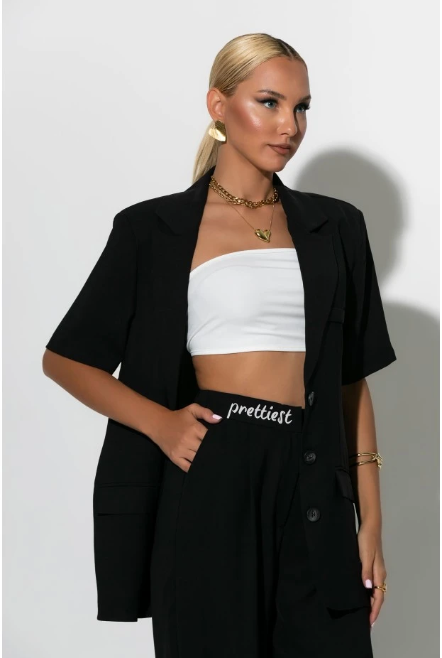 Σετ παντελόνα και κοντομάνικο blazer με βάτες μαύρο