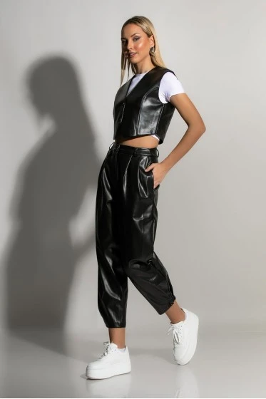 Σετ baggy παντελόνι και γιλέκο δερματίνη λαδί