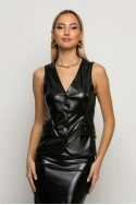 Σετ μακρύ γιλέκο και μίντι φούστα δερματίνη μαύρο