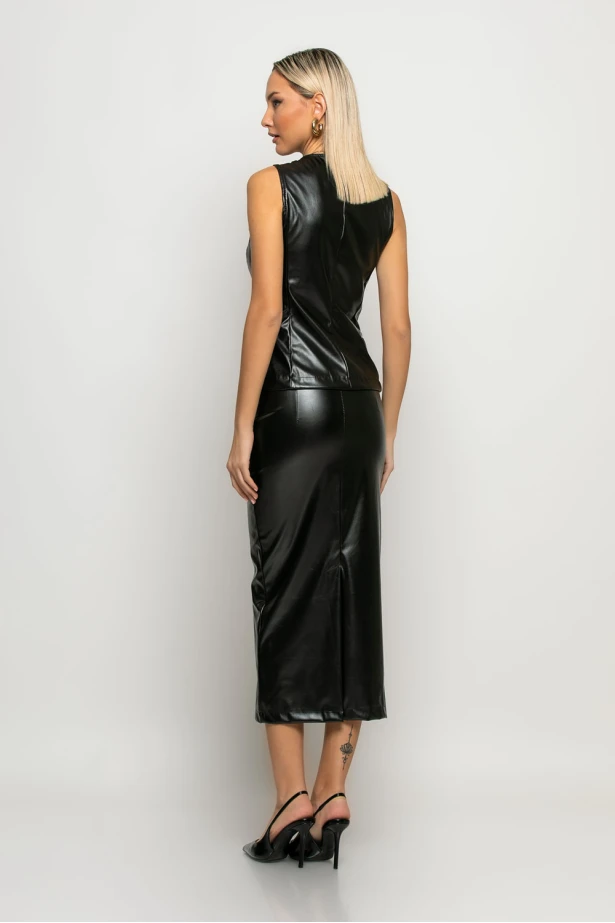 Σετ μακρύ γιλέκο και μίντι φούστα δερματίνη μαύρο