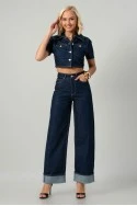 Σετ cropped jean jacket και jean straight leg με ρεβέρ μπλε ντένιμ