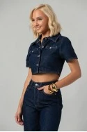 Σετ cropped jean jacket και jean straight leg με ρεβέρ μπλε ντένιμ